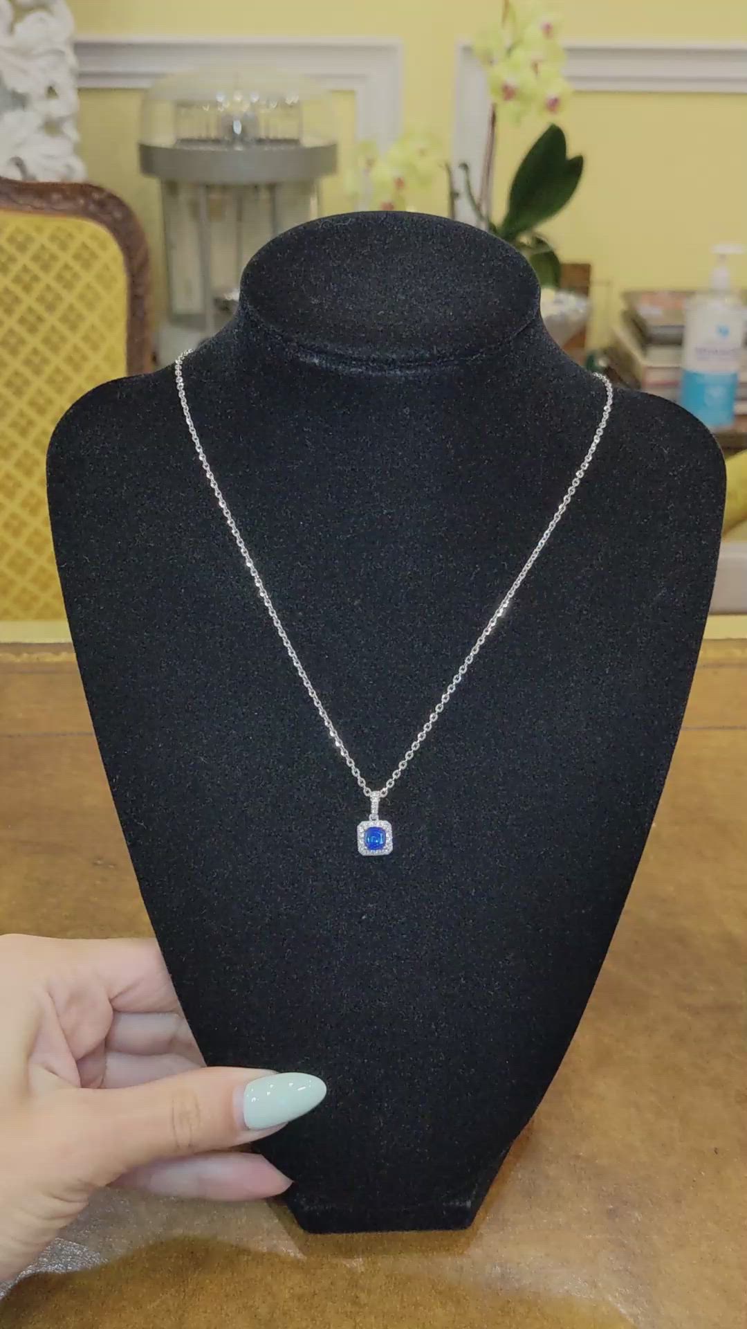 1.07 Ct. Blue Sapphire and Natural Diamond Pave Pendant, 18K White Gold Size Video