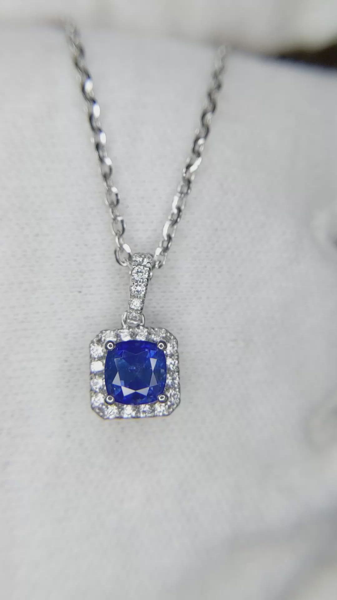 1.07 Ct. Blue Sapphire and Natural Diamond Pave Pendant, 18K White Gold Size Video