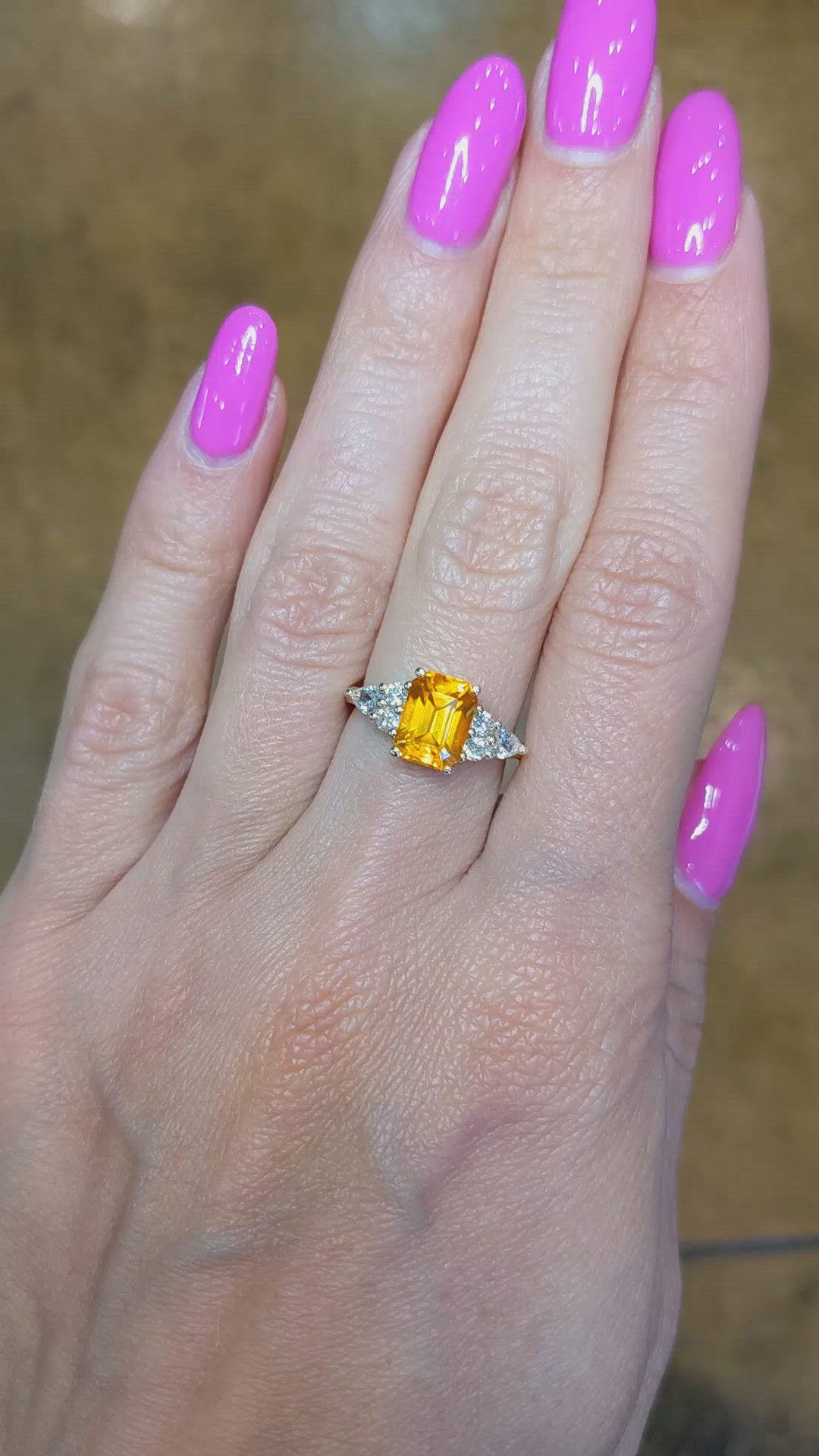 2.20 Ct. Orange Sapphire and Natural Diamond Pave Ring, 14K Yellow Gold Size Video
