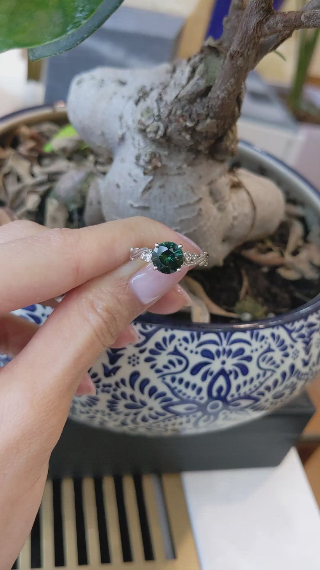 2.56 Ct. Green Sapphire and Natural Diamond Floral Ring, 18K White Gold Size Video