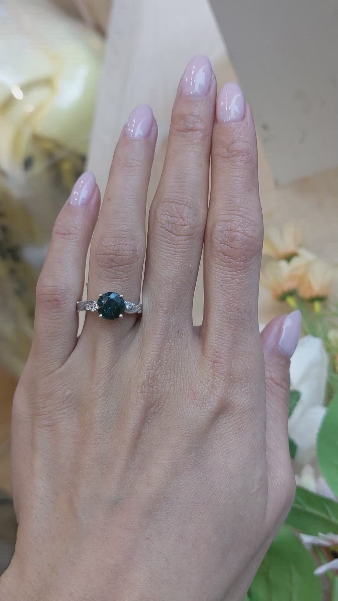 2.56 Ct. Green Sapphire and Natural Diamond Floral Ring, 18K White Gold Size Video