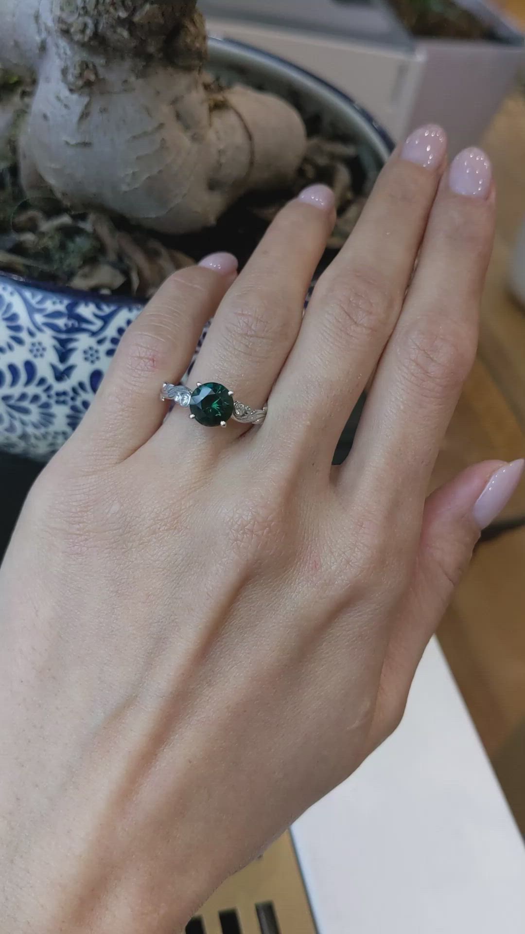 2.56 Ct. Green Sapphire and Natural Diamond Floral Ring, 18K White Gold Size Video