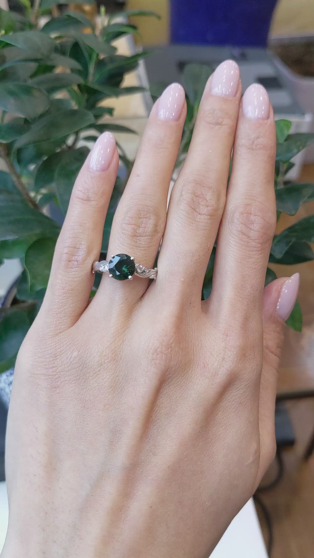 2.56 Ct. Green Sapphire and Natural Diamond Floral Ring, 18K White Gold Size Video