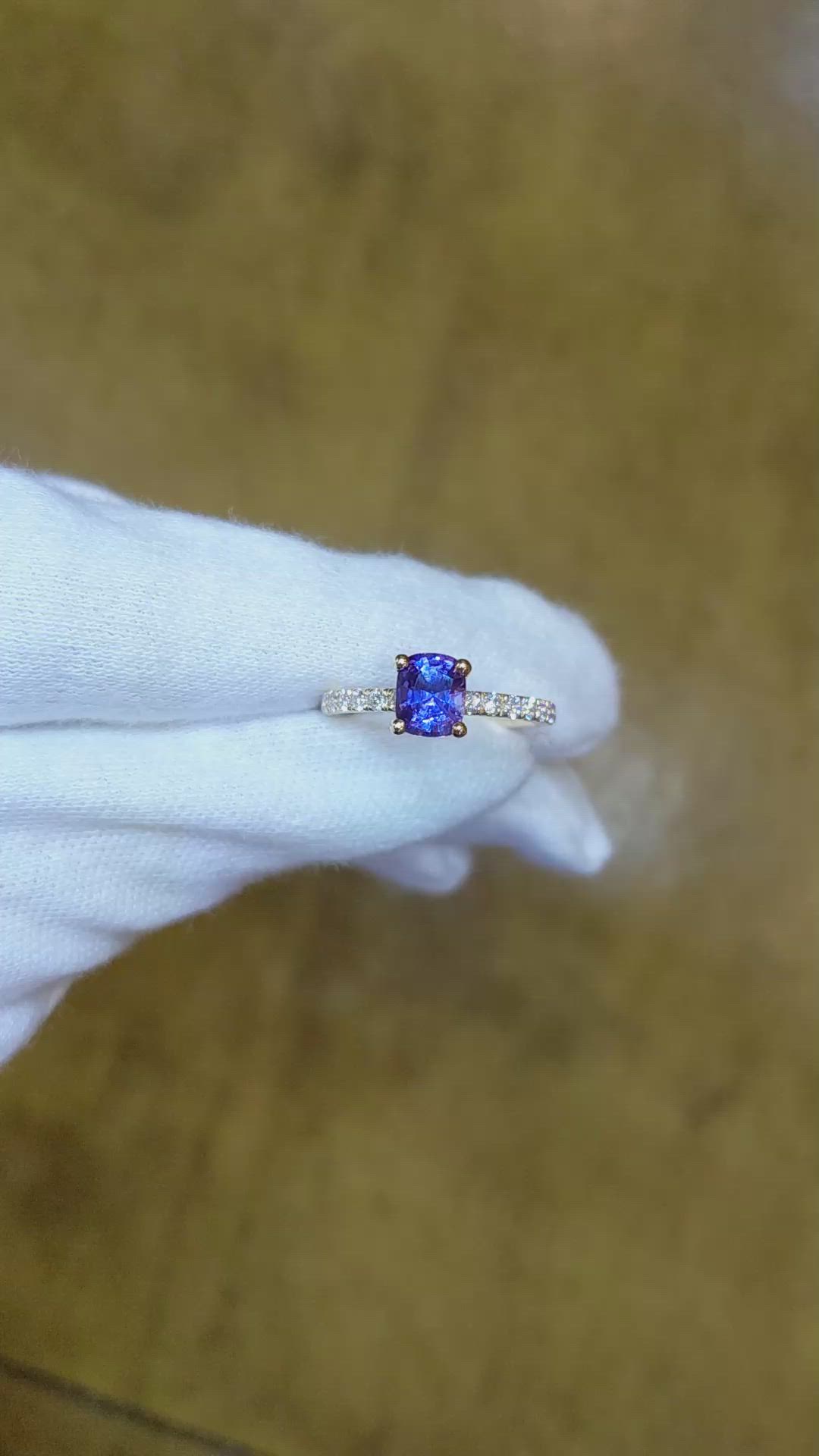 0.98 Ct. Bluish Purple Sapphire and Natural Diamond Pave Ring, 18K Rose Gold Size Video
