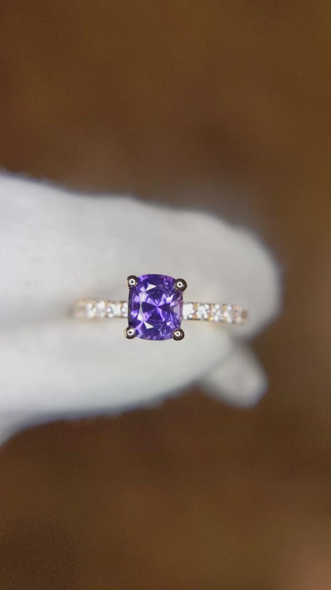 0.98 Ct. Bluish Purple Sapphire and Natural Diamond Pave Ring, 18K Rose Gold Size Video