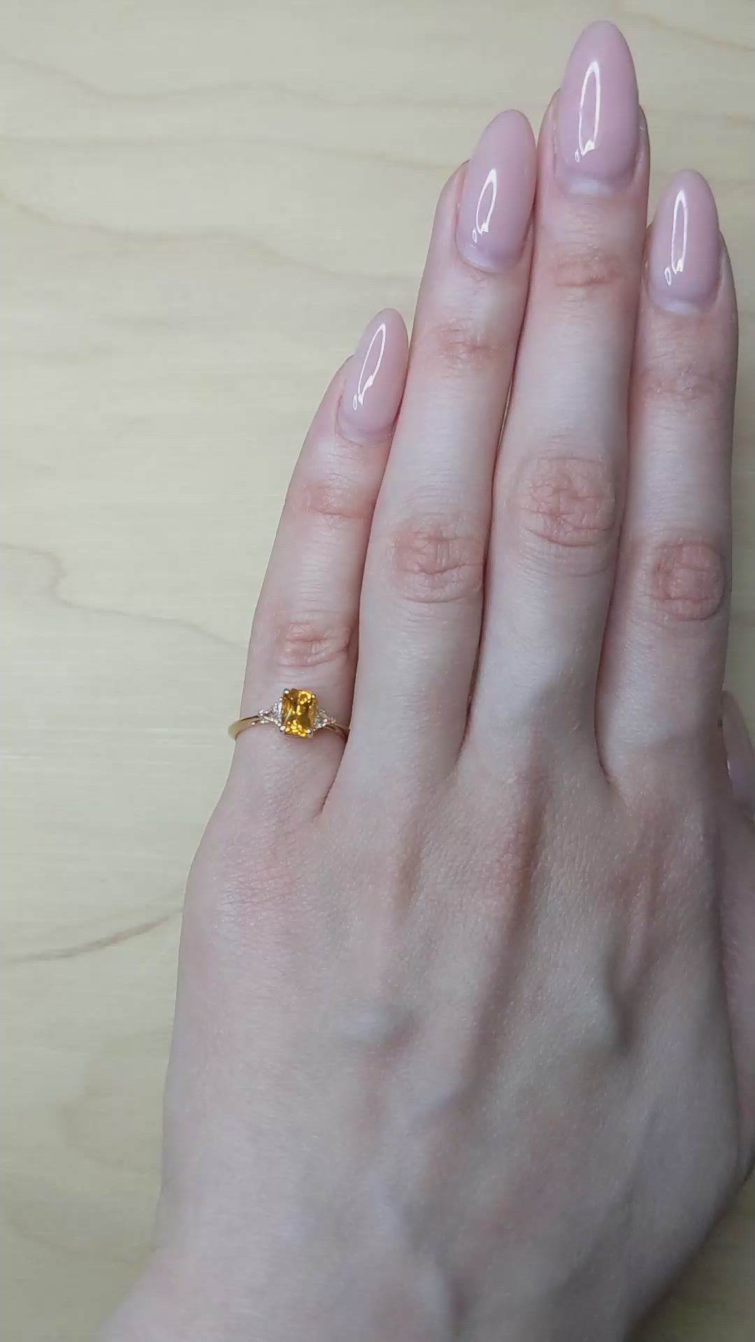 0.98 Ct. Orangish Yellow Sapphire and Natural Diamond Three Stone Ring, 14K Yellow Gold Size Video