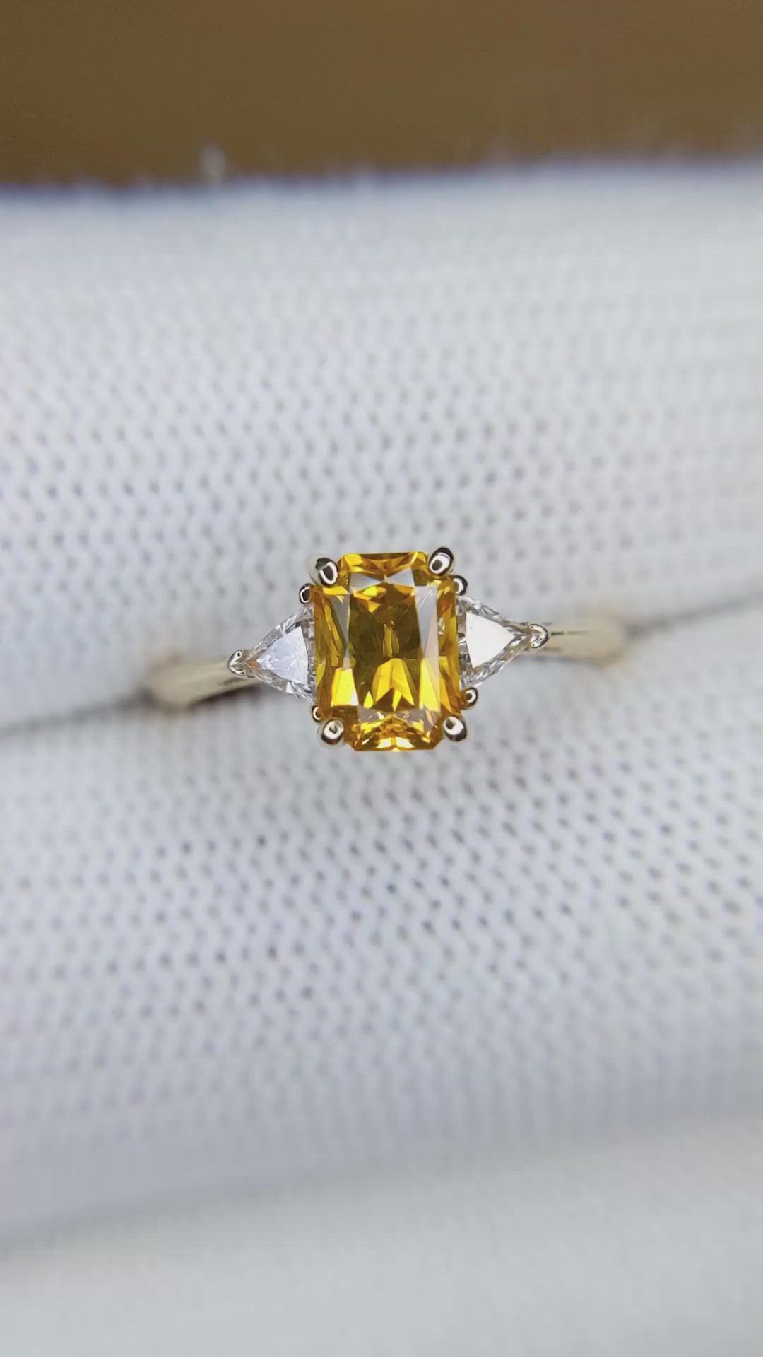 0.98 Ct. Orangish Yellow Sapphire and Natural Diamond Three Stone Ring, 14K Yellow Gold Size Video