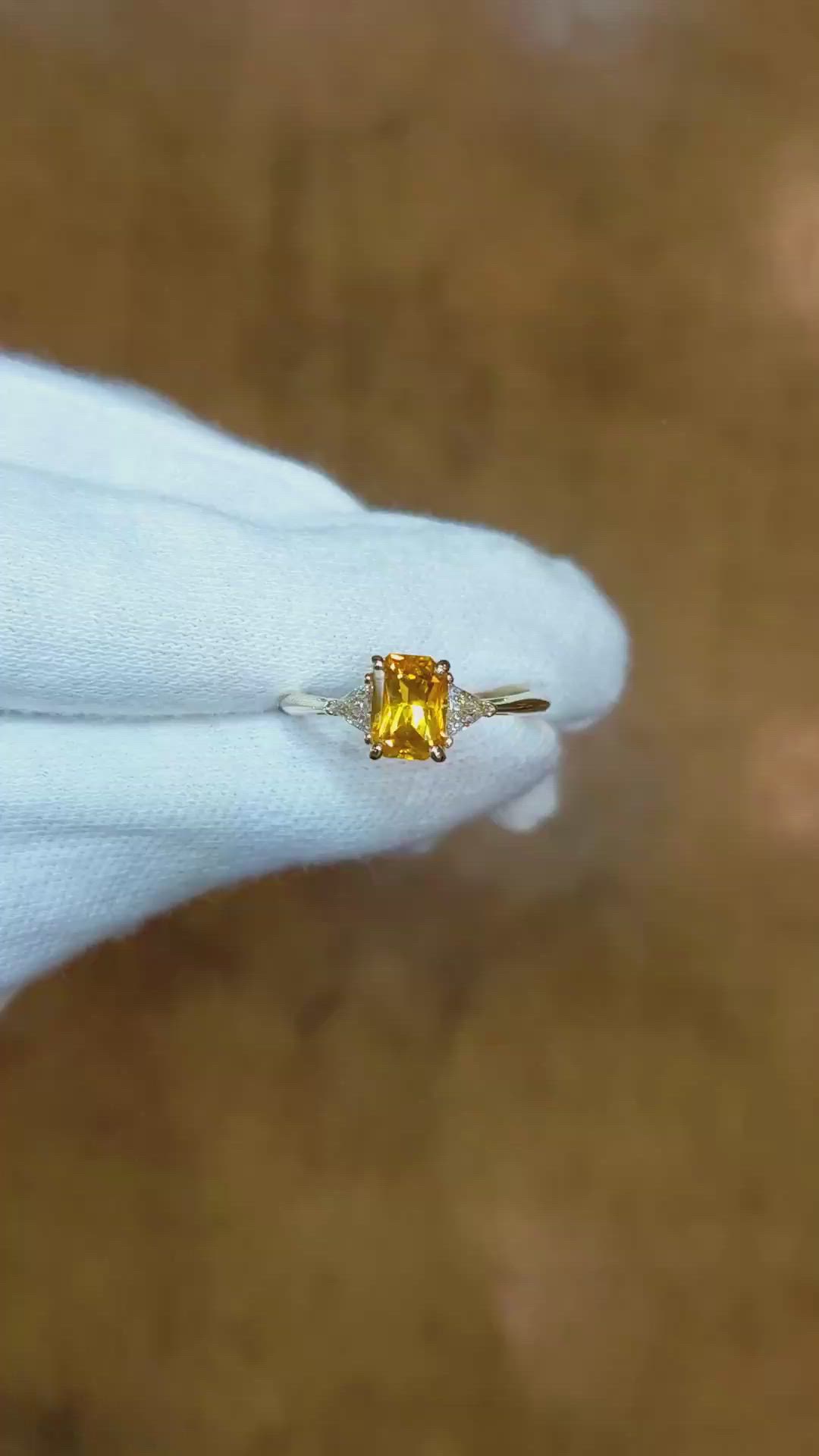 0.98 Ct. Orangish Yellow Sapphire and Natural Diamond Three Stone Ring, 14K Yellow Gold Size Video