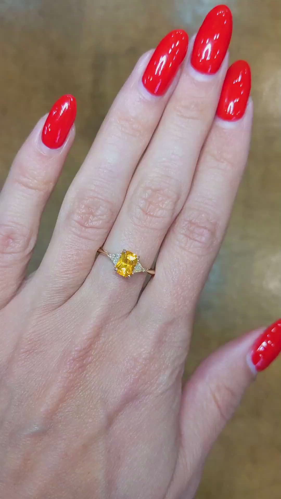 0.98 Ct. Orangish Yellow Sapphire and Natural Diamond Three Stone Ring, 14K Yellow Gold Size Video