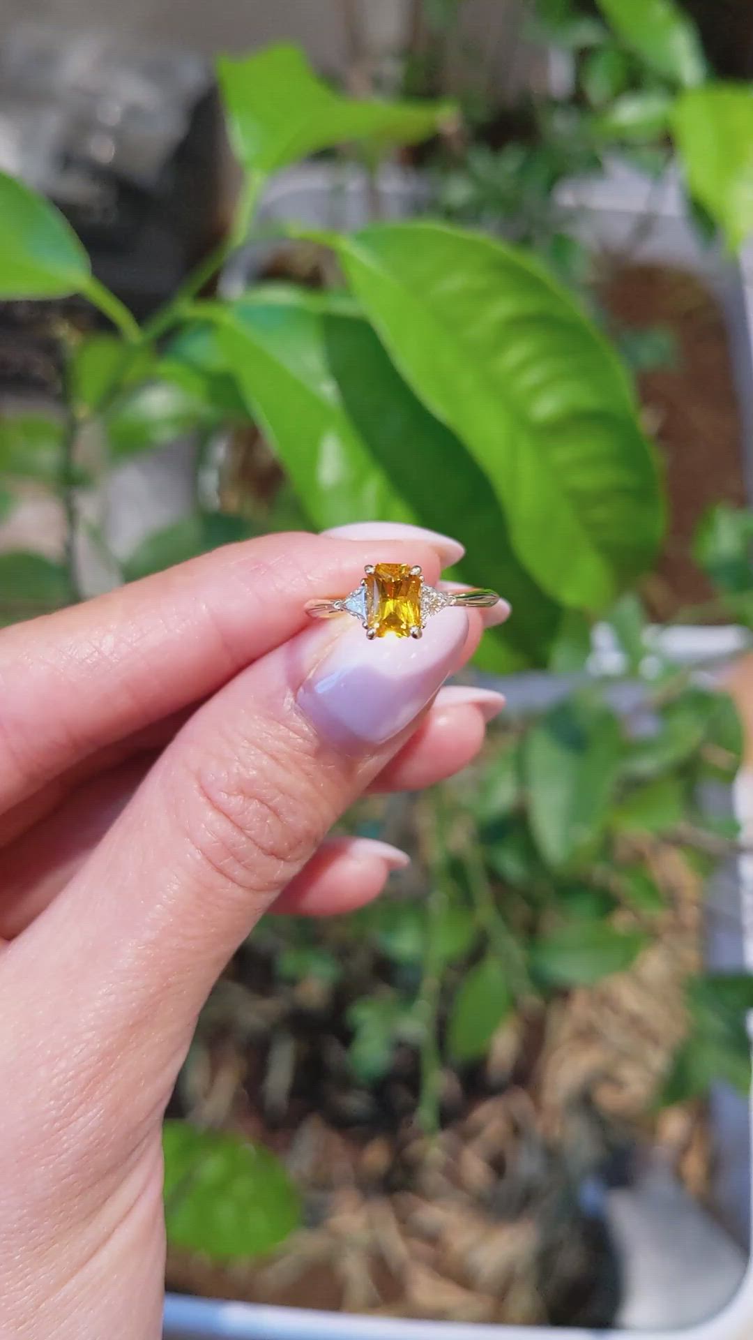 0.98 Ct. Orangish Yellow Sapphire and Natural Diamond Three Stone Ring, 14K Yellow Gold Size Video