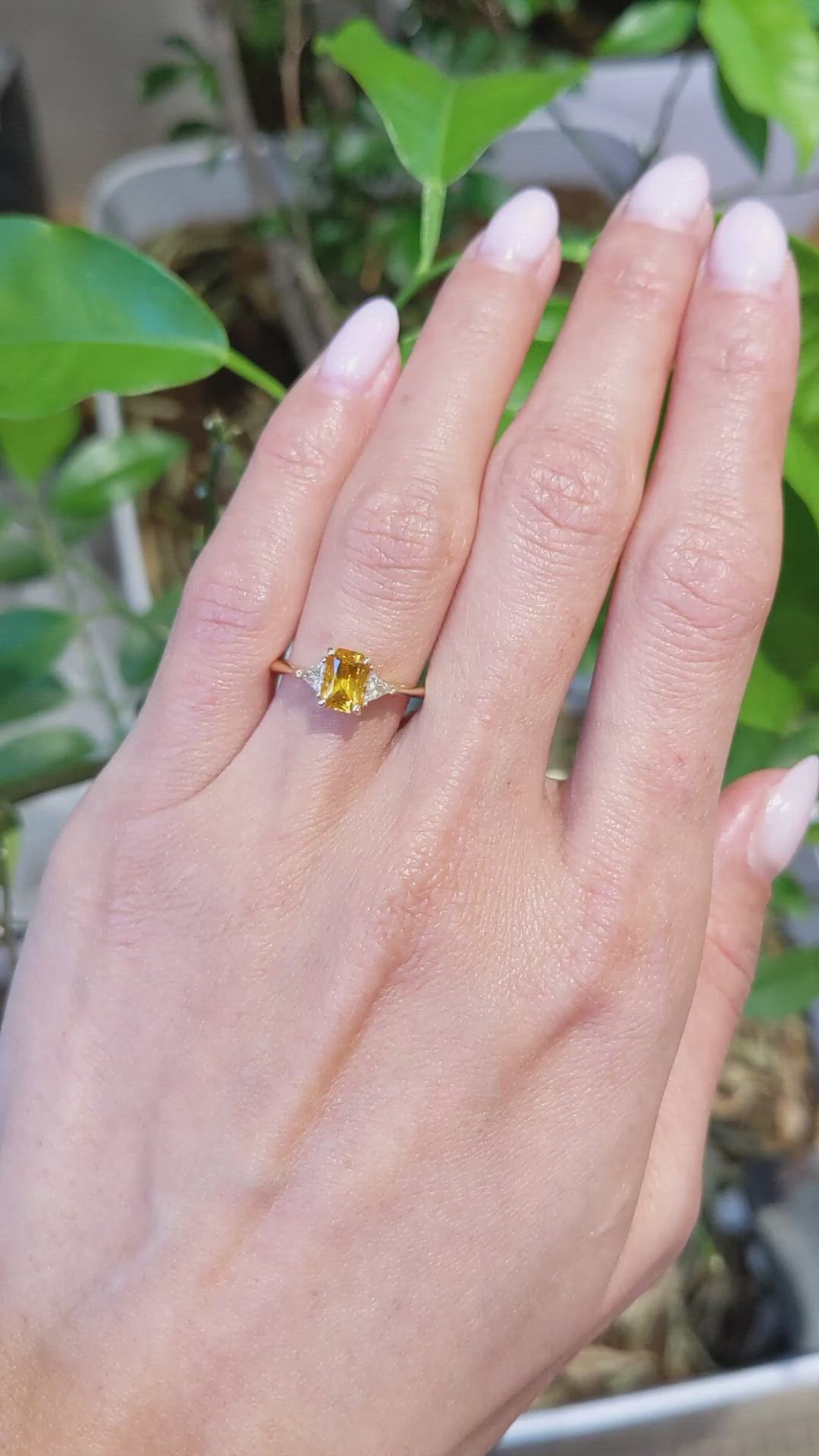 0.98 Ct. Orangish Yellow Sapphire and Natural Diamond Three Stone Ring, 14K Yellow Gold Size Video