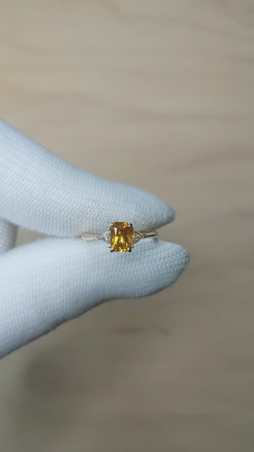 0.98 Ct. Orangish Yellow Sapphire and Natural Diamond Three Stone Ring, 14K Yellow Gold Size Video