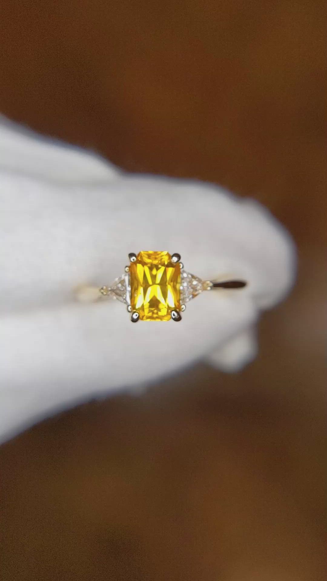 0.98 Ct. Orangish Yellow Sapphire and Natural Diamond Three Stone Ring, 14K Yellow Gold Size Video