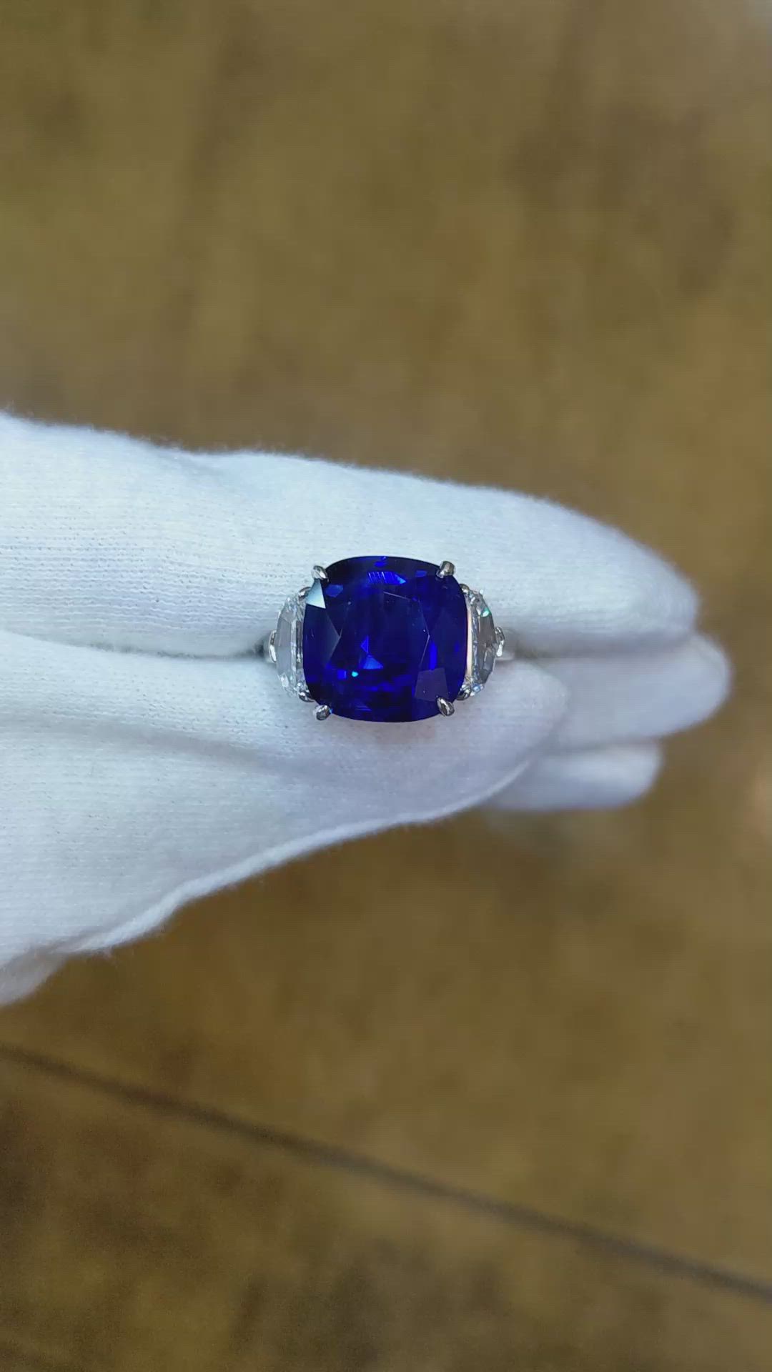 9.24 Ct. Blue Sapphire and Natural Diamond Three Stone Ring, Platinum 950 Size Video