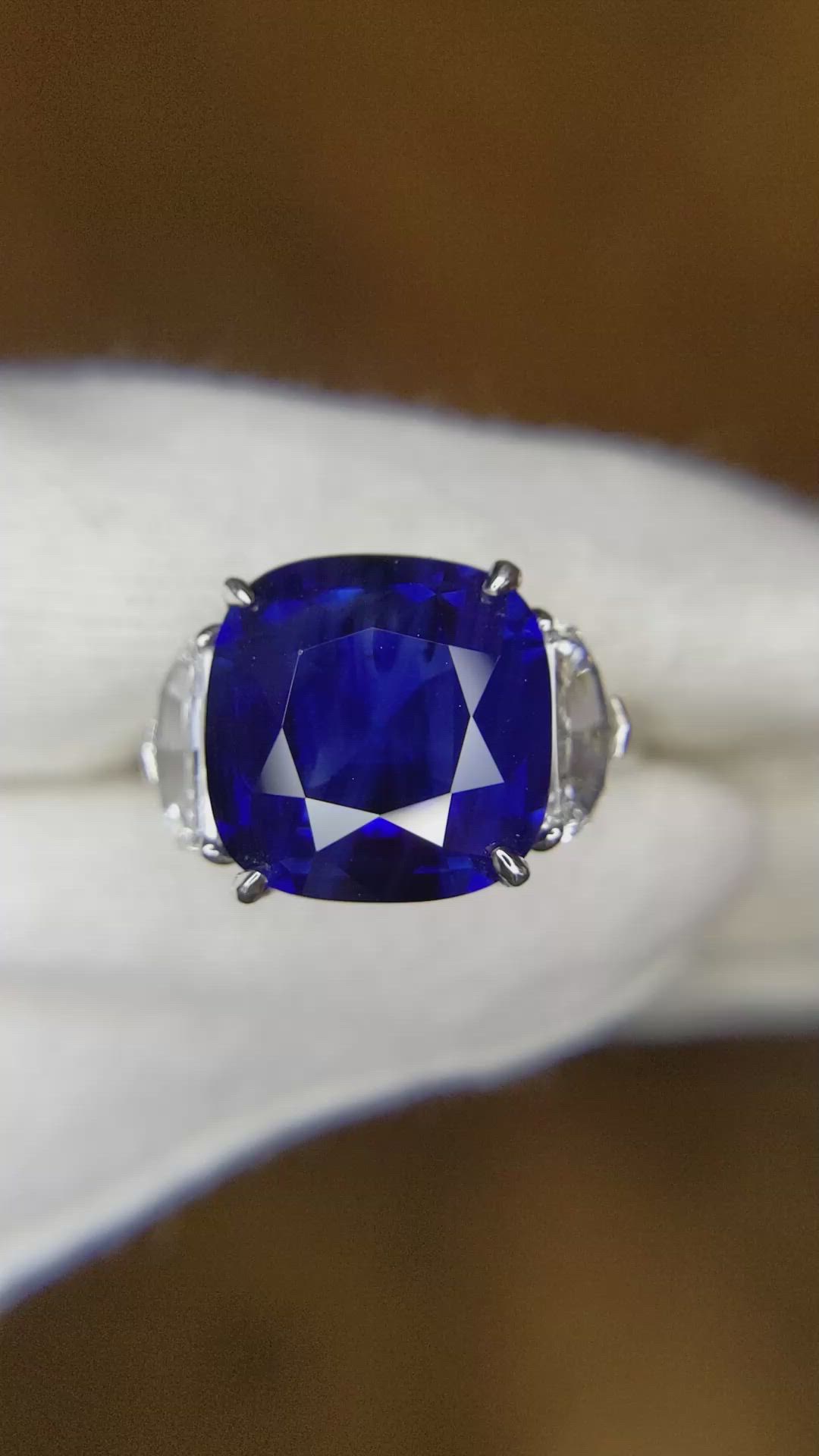 9.24 Ct. Blue Sapphire and Natural Diamond Three Stone Ring, Platinum 950 Size Video