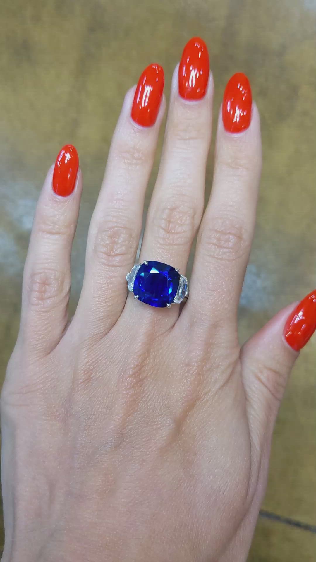 9.24 Ct. Blue Sapphire and Natural Diamond Three Stone Ring, Platinum 950 Size Video
