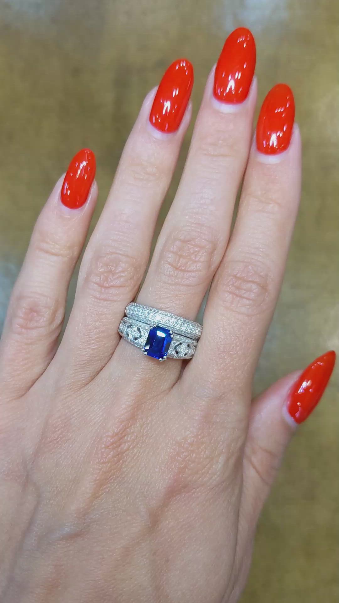 1.11 Ct. Blue Sapphire and Natural Diamond Antique Style Ring, 18K White Gold Size Video