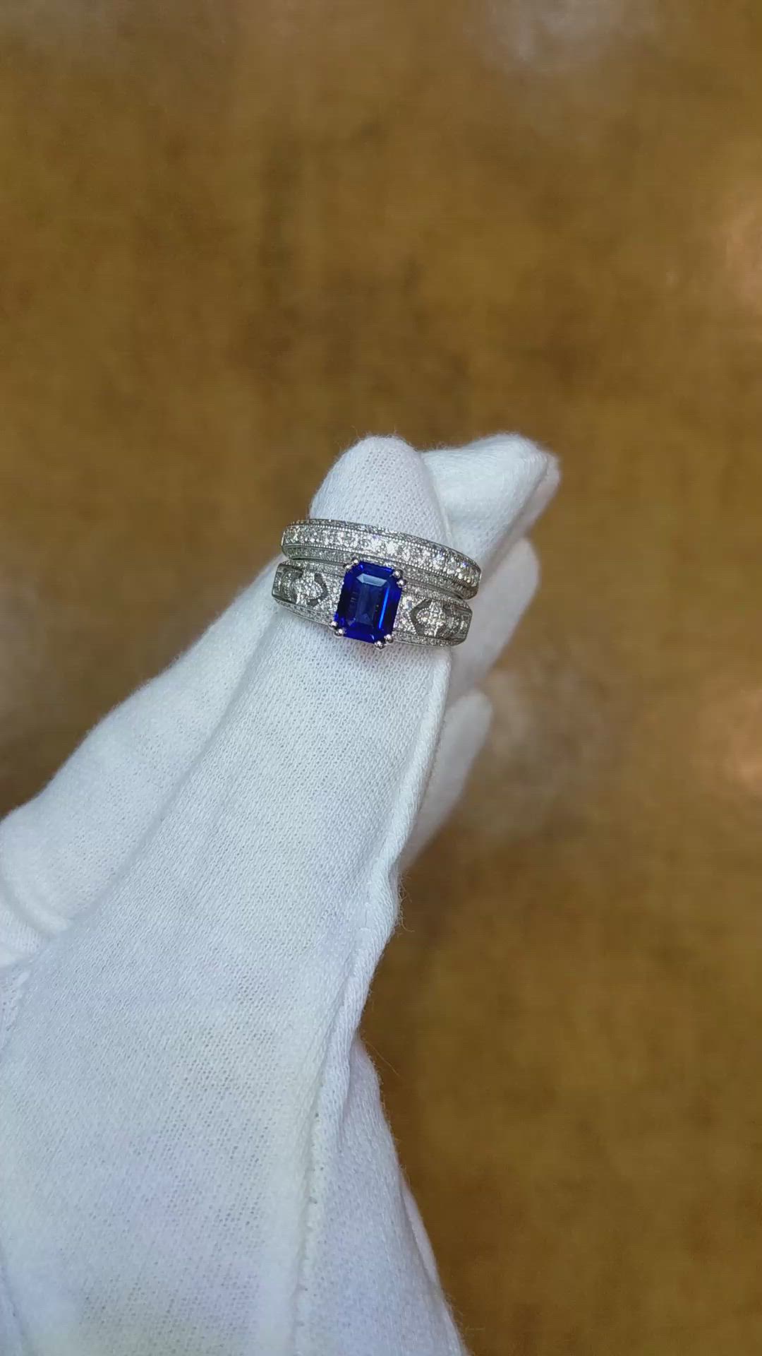 1.11 Ct. Blue Sapphire and Natural Diamond Antique Style Ring, 18K White Gold Size Video