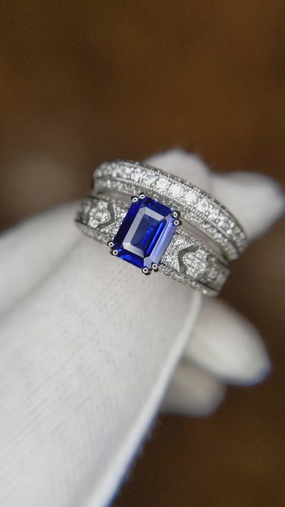 1.11 Ct. Blue Sapphire and Natural Diamond Antique Style Ring, 18K White Gold Size Video
