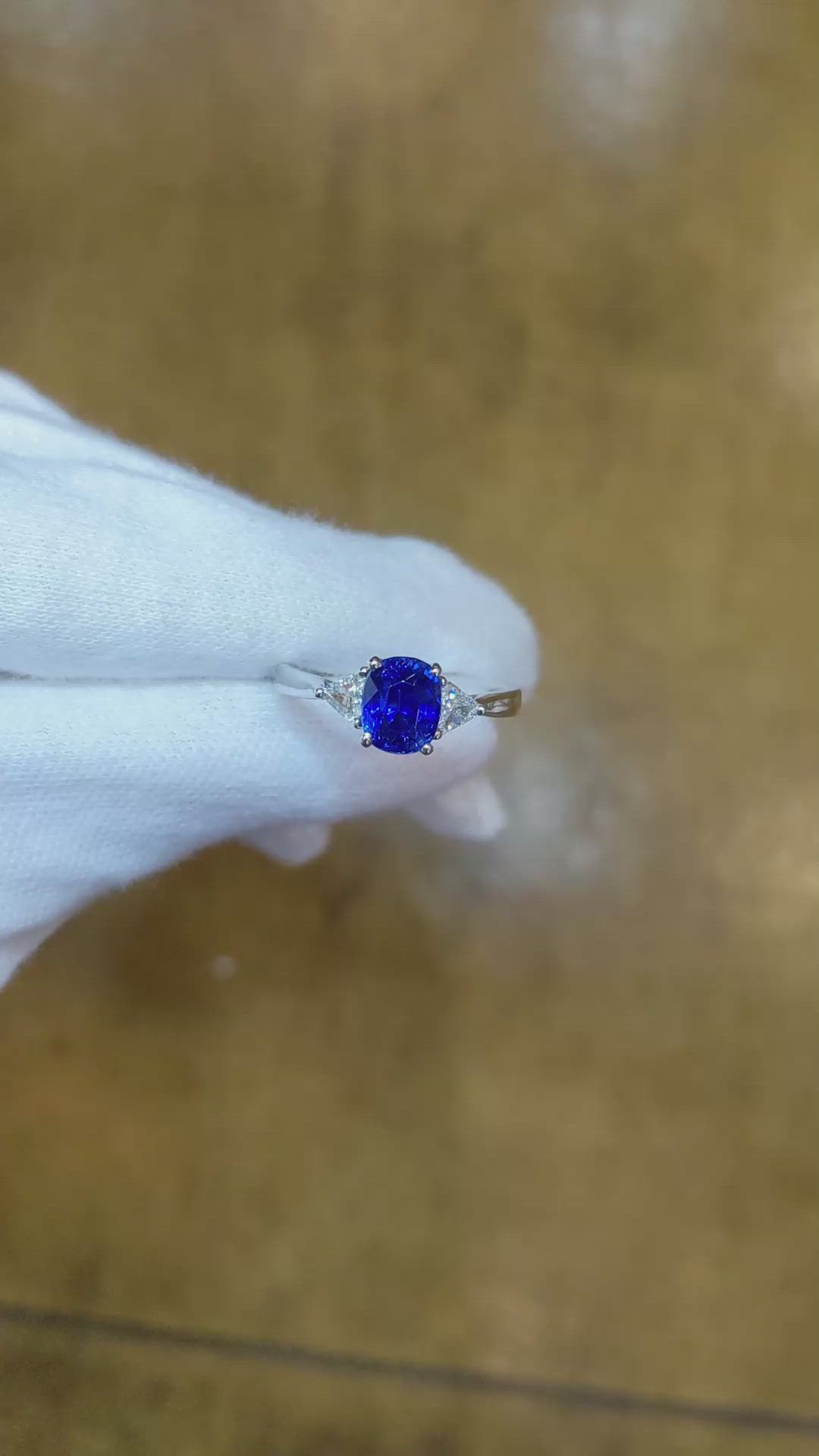 1.70 Ct. Blue Sapphire and Natural Diamond Three Stone Ring, 18K White Gold Size Video