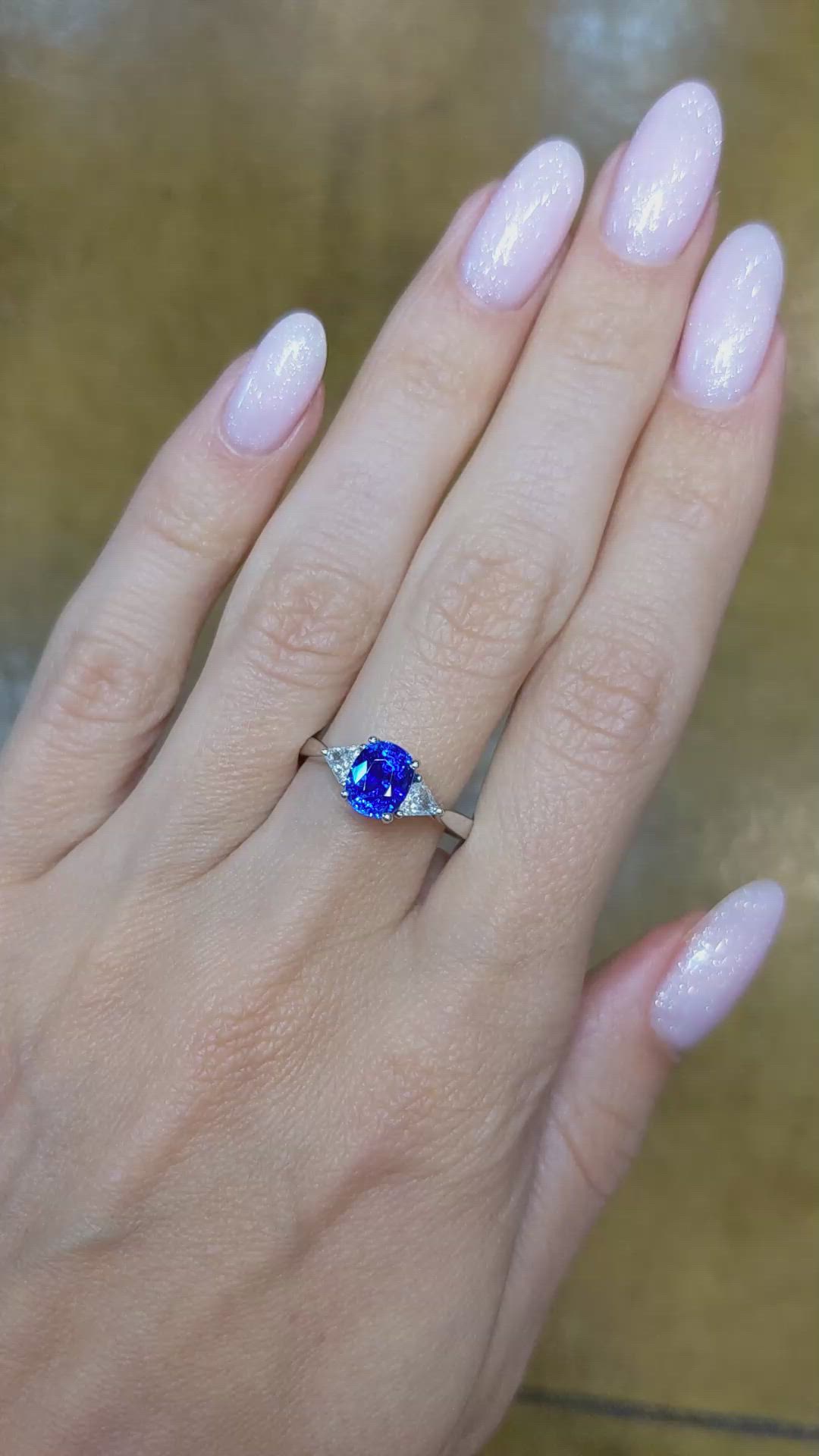 1.70 Ct. Blue Sapphire and Natural Diamond Three Stone Ring, 18K White Gold Size Video