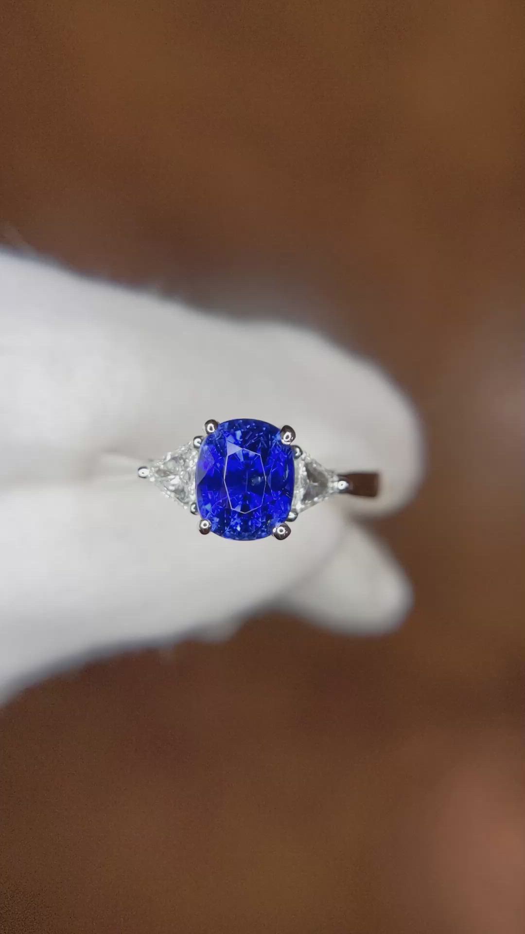 1.70 Ct. Blue Sapphire and Natural Diamond Three Stone Ring, 18K White Gold Size Video