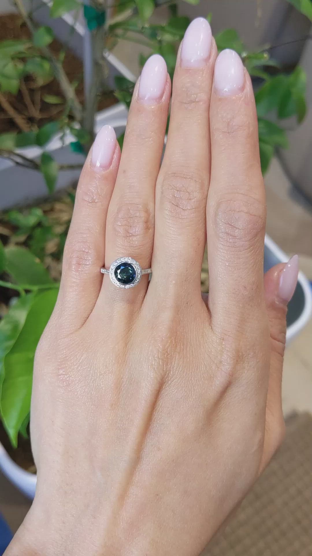 1.27 Ct. Bluish Green Sapphire and Natural Diamond Pave Ring, 18K White Gold Size Video