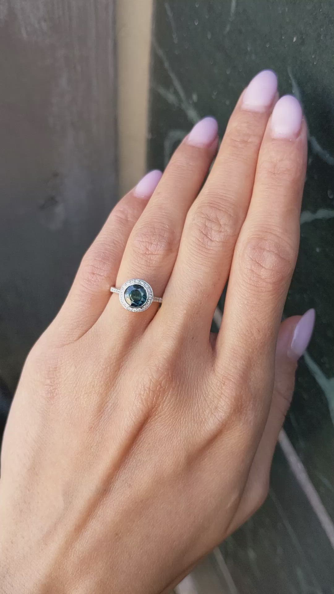 1.27 Ct. Bluish Green Sapphire and Natural Diamond Pave Ring, 18K White Gold Size Video