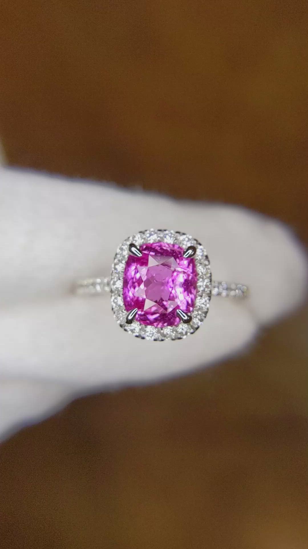 2.28 Ct. Pink Sapphire and Natural Diamond Pave Ring, 14K White Gold Size Video