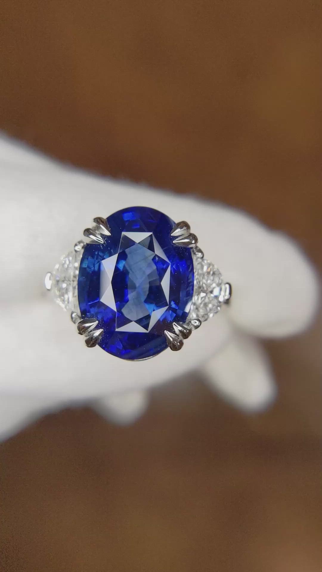 9.01 Ct. Blue Sapphire and Natural Diamond Three Stone Ring, Platinum 950 Size Video