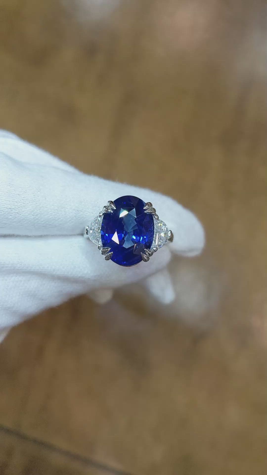 9.01 Ct. Blue Sapphire and Natural Diamond Three Stone Ring, Platinum 950 Size Video