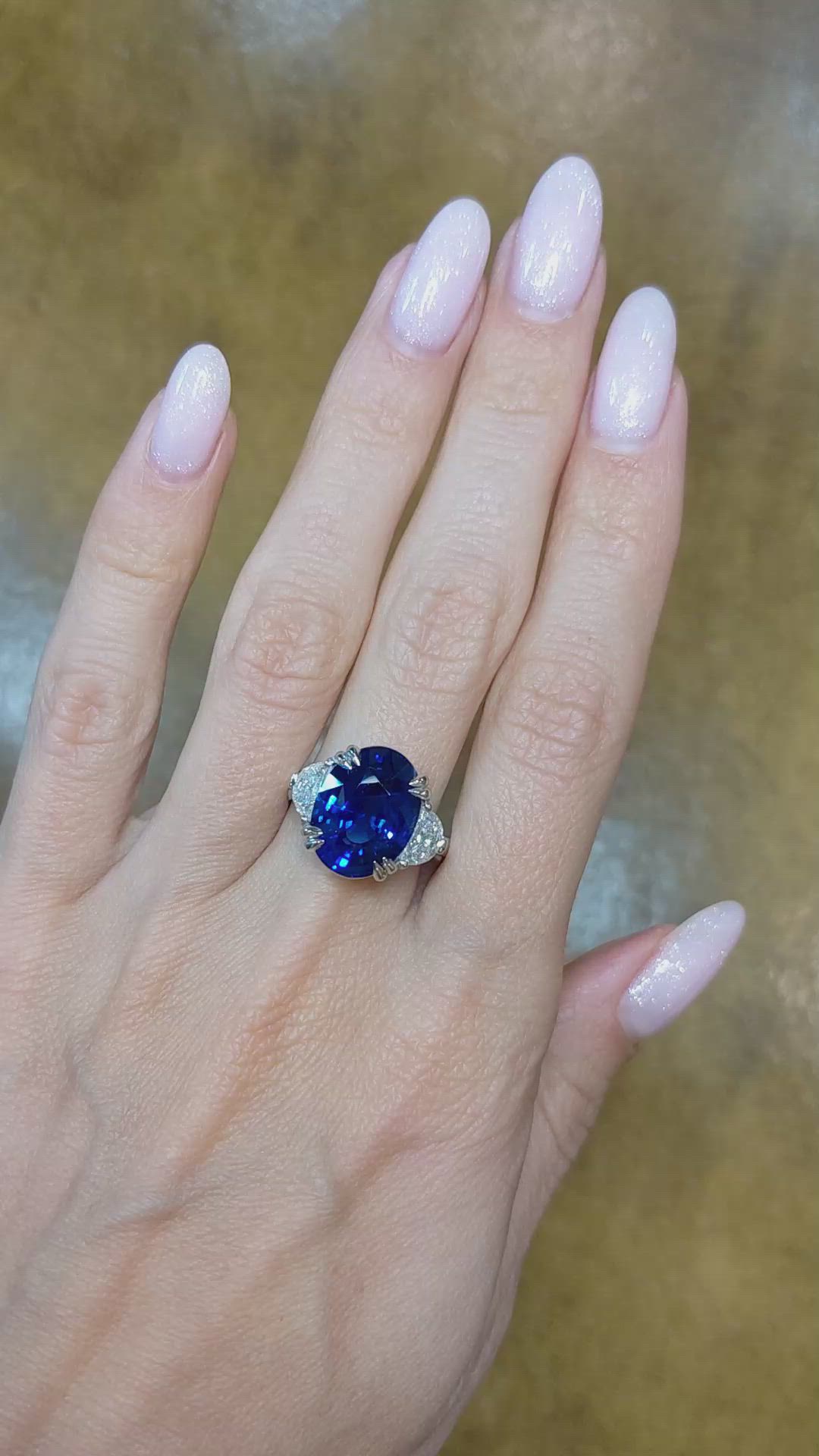 9.01 Ct. Blue Sapphire and Natural Diamond Three Stone Ring, Platinum 950 Size Video