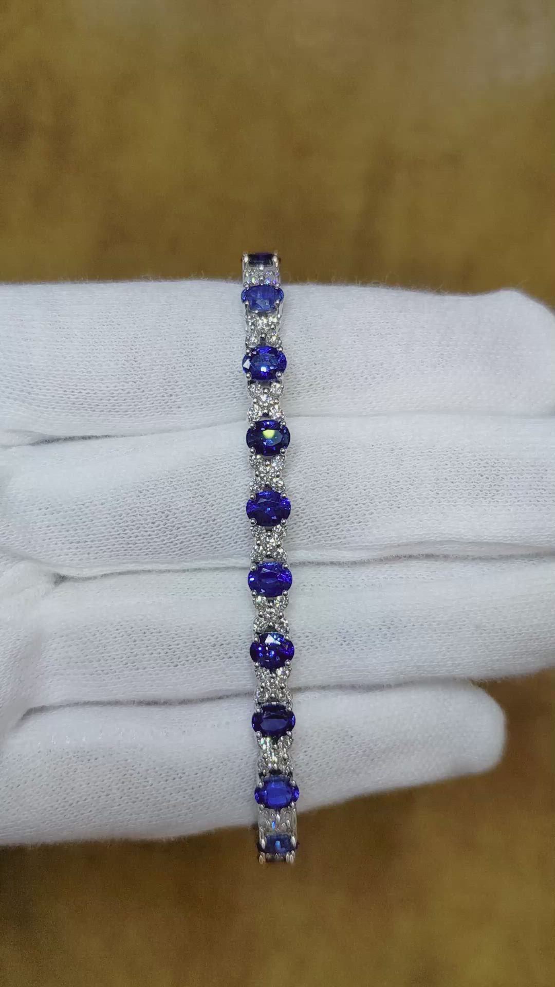 10.61 Ct.Tw. Blue Sapphire and Natural Diamond Tennis/Line Bracelet, 18K White Gold Size Video