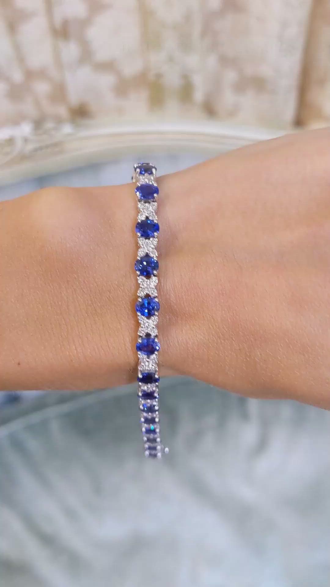 10.61 Ct.Tw. Blue Sapphire and Natural Diamond Tennis/Line Bracelet, 18K White Gold Size Video