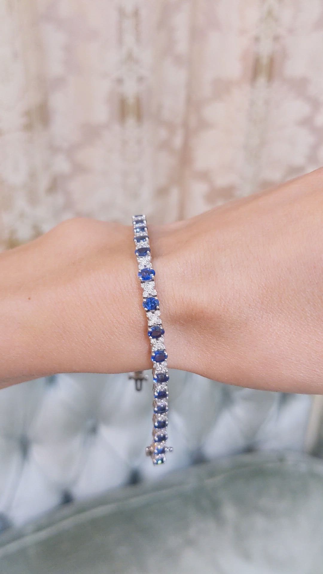 5.47 Ct.Tw. Blue Sapphire and Natural Diamond Halo Bracelet, 18K White Gold Size Video