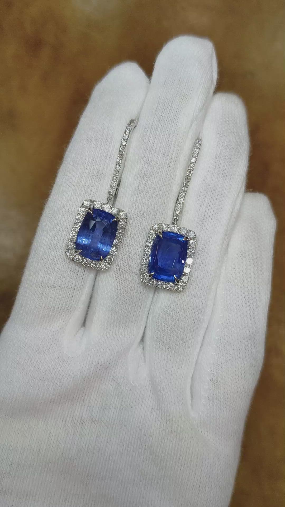 12.46 Ct.Tw. Blue Sapphire and Natural Diamond Pave Earrings, 14K White Gold Size Video