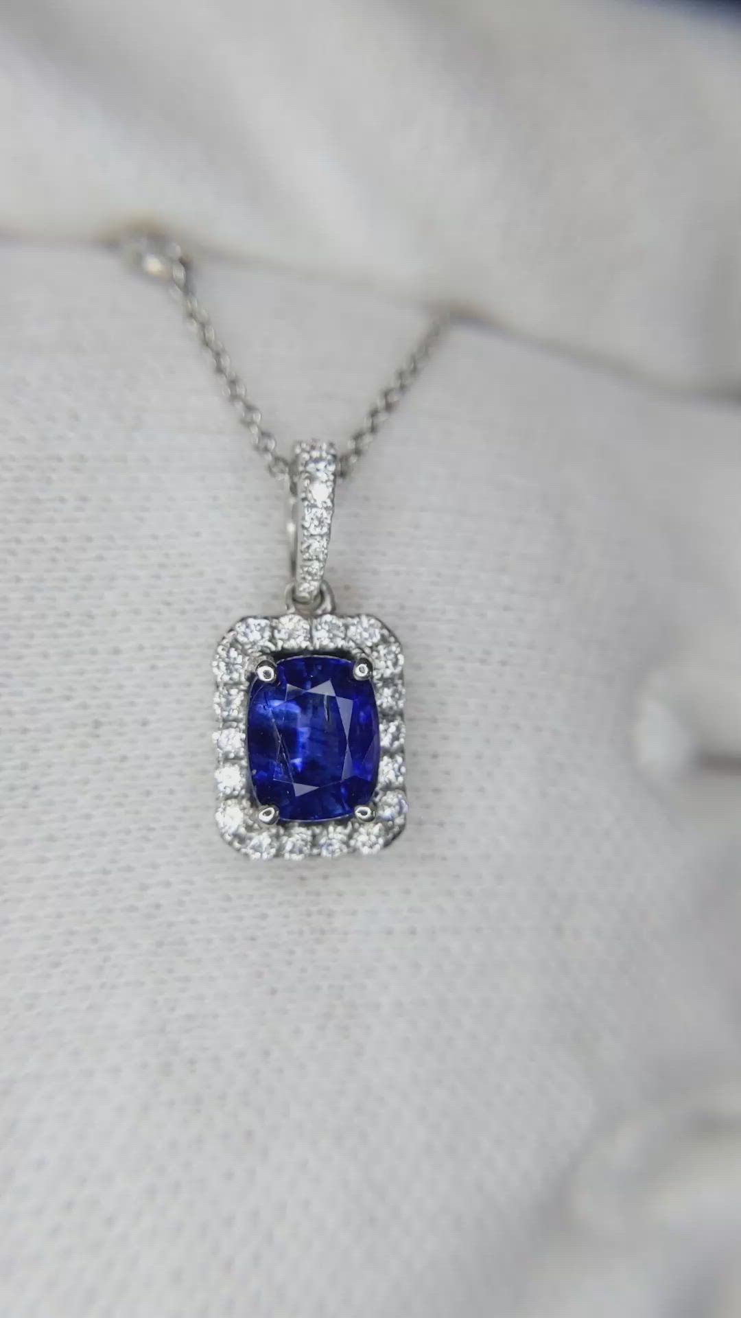 1.32 Ct. Blue Sapphire and Natural Diamond Pave Pendant, 18K White Gold Size Video