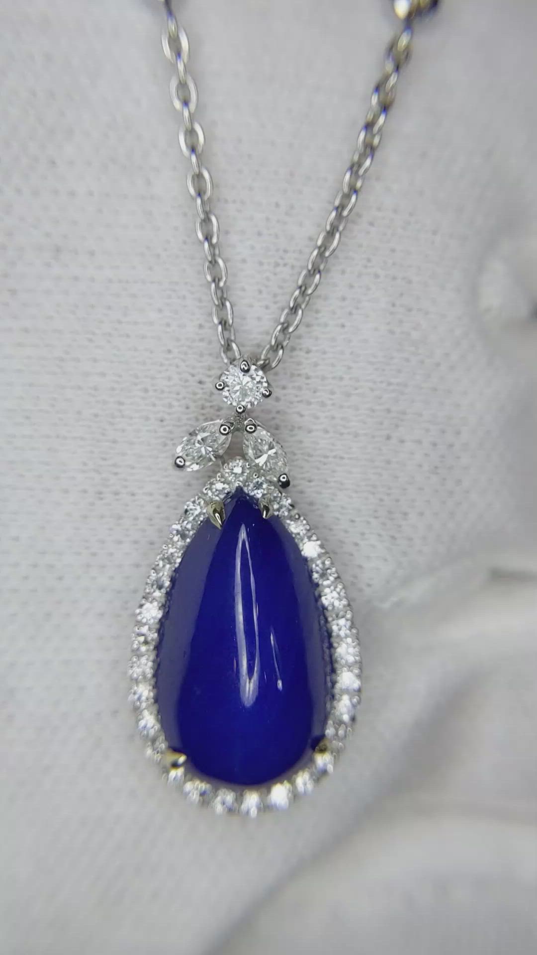 10.80 Ct. Blue Sapphire and Natural Diamond Pave Pendant, 18K White Gold Size Video