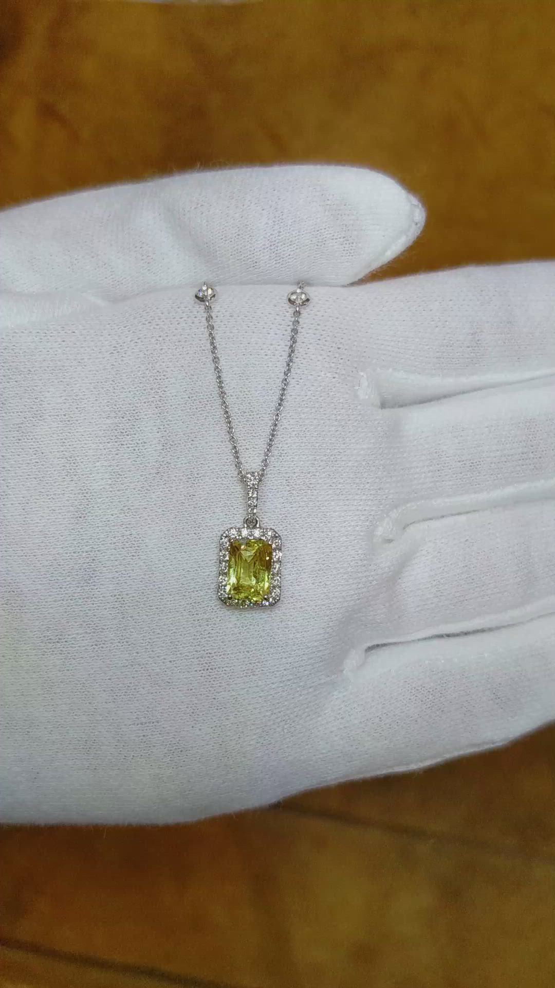 1.40 Ct. Greenish Yellow Sapphire and Natural Diamond Pave Pendant, 18K White Gold Size Video