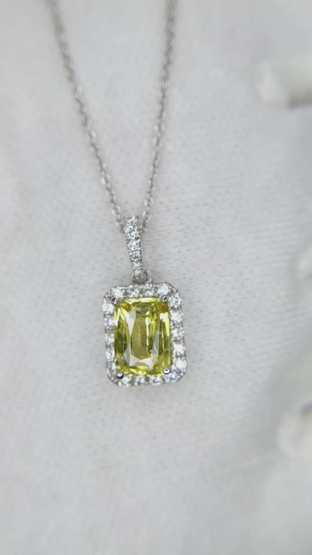 1.40 Ct. Greenish Yellow Sapphire and Natural Diamond Pave Pendant, 18K White Gold Size Video