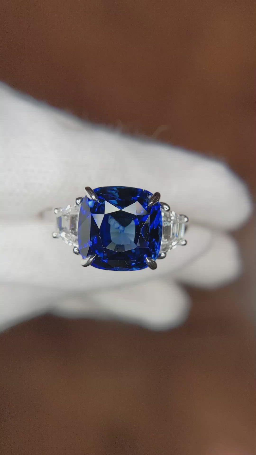 7.17 Ct. Blue Sapphire and Natural Diamond Three Stone Ring, 18K White Gold Size Video