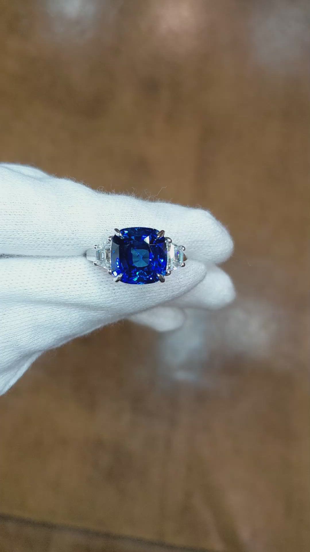 7.17 Ct. Blue Sapphire and Natural Diamond Three Stone Ring, 18K White Gold Size Video