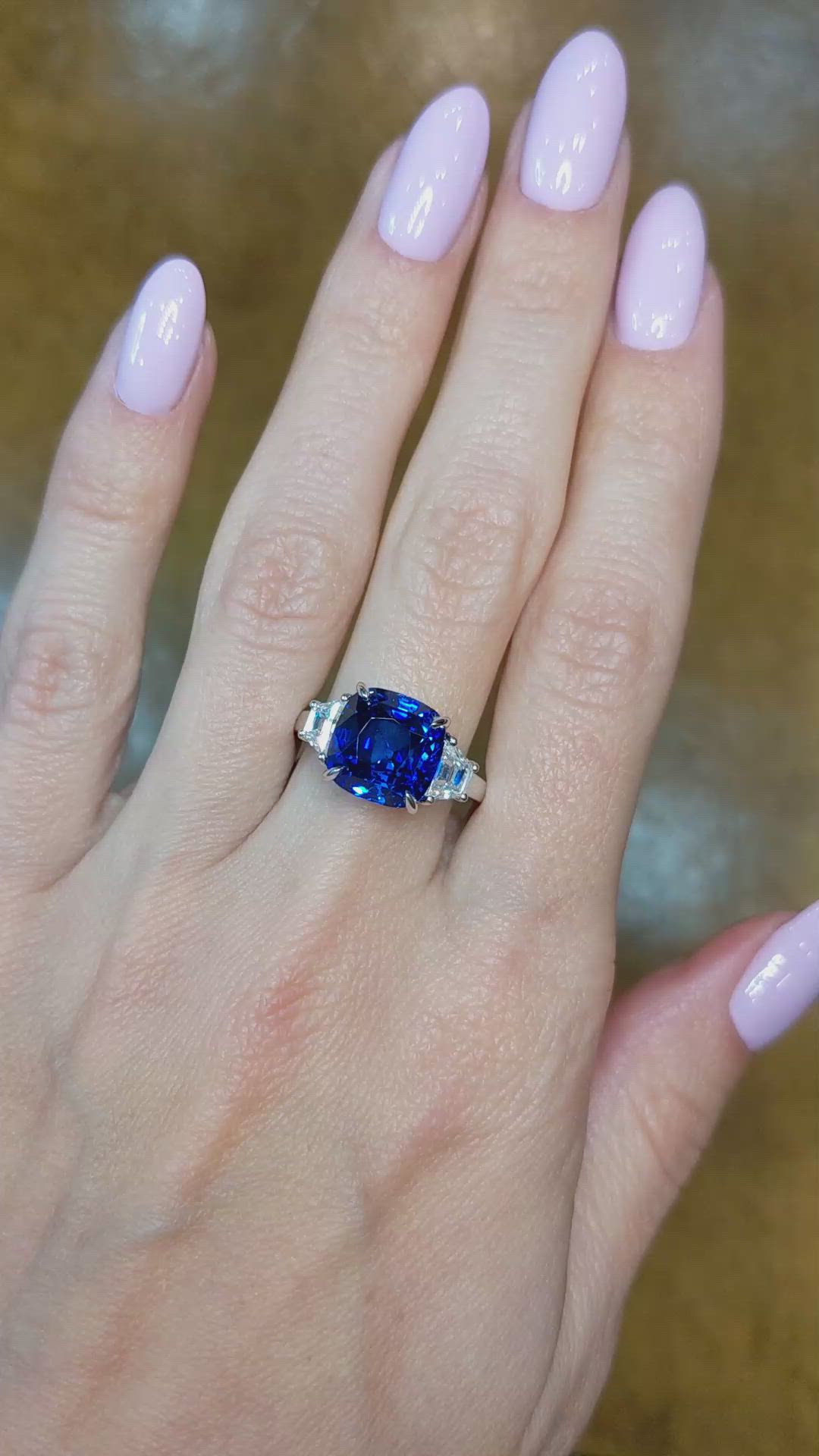 7.17 Ct. Blue Sapphire and Natural Diamond Three Stone Ring, 18K White Gold Size Video