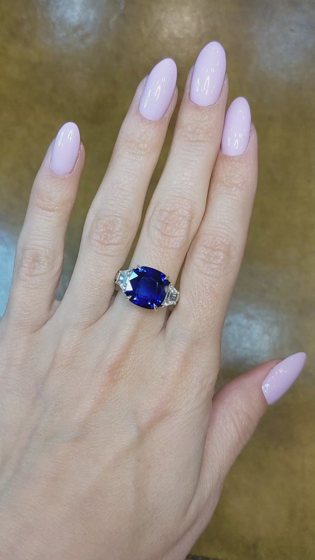 7.01 Ct. Blue Sapphire and Natural Diamond Three Stone Ring, 18K White Gold Size Video