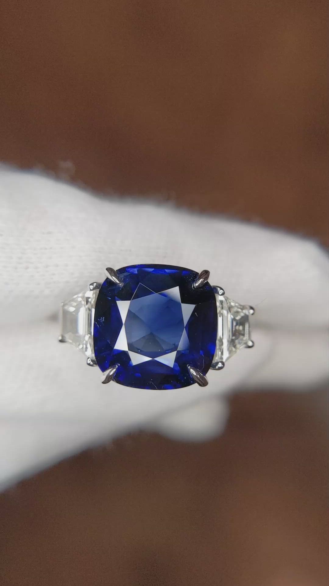 7.01 Ct. Blue Sapphire and Natural Diamond Three Stone Ring, 18K White Gold Size Video