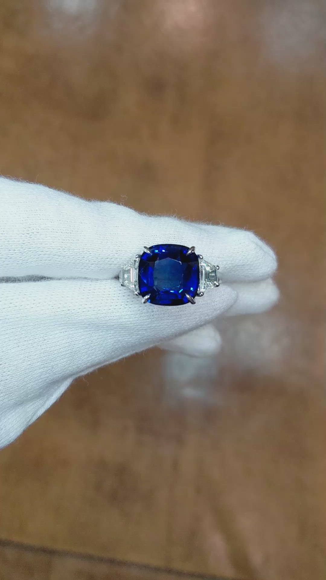 7.01 Ct. Blue Sapphire and Natural Diamond Three Stone Ring, 18K White Gold Size Video