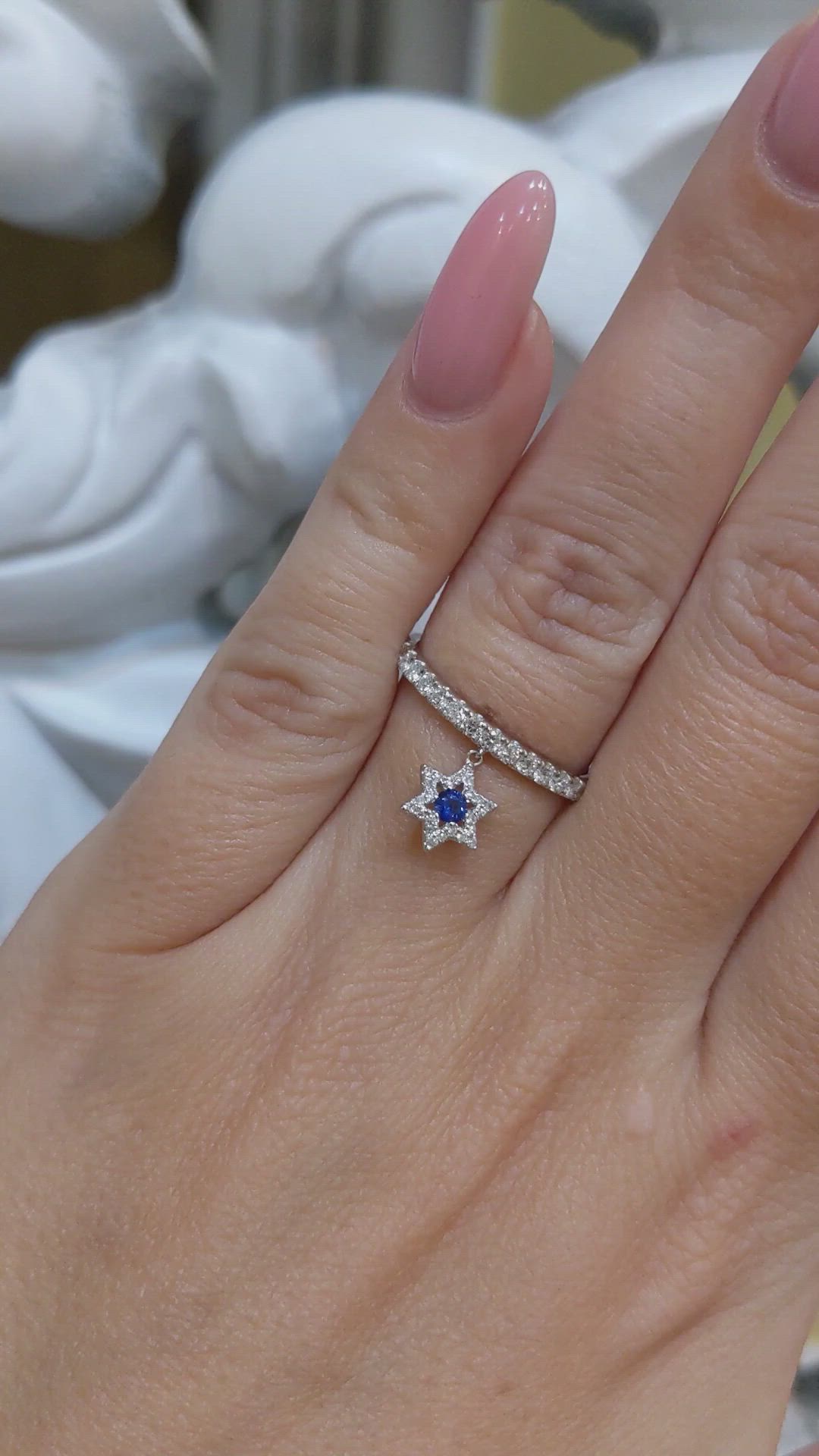 0.09 Ct. Blue Sapphire and Natural Diamond Pave Ring, 18K White Gold Size Video