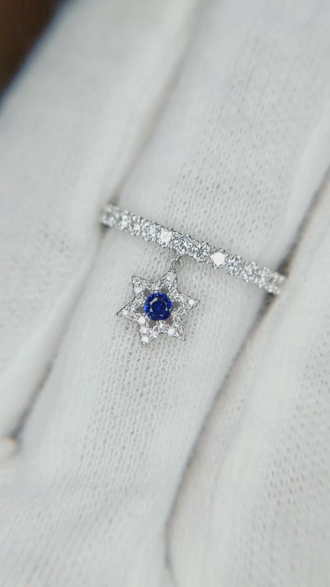 0.09 Ct. Blue Sapphire and Natural Diamond Pave Ring, 18K White Gold Size Video