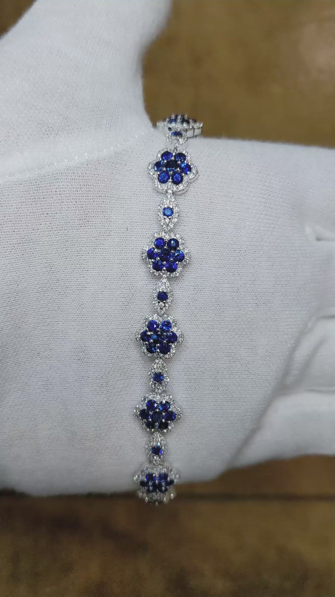 6.38 Ct.Tw. Blue Sapphire and Natural Diamond Pave Bracelet, 18K White Gold Size Video