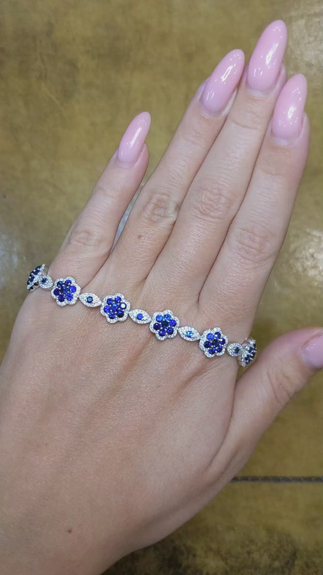 6.38 Ct.Tw. Blue Sapphire and Natural Diamond Pave Bracelet, 18K White Gold Size Video